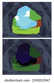 Set of stone cave entrances flat style, vector illustration isolated on white background. Day and night landscapes, blue sky with clouds, falling star