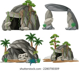 Set of stone cave with fossils illustration