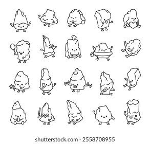 Set of stone characters with funny emotions and cute kawaii expressions in various poses holding accessories and showing friendly reactions for cheerful design and joyful creativity