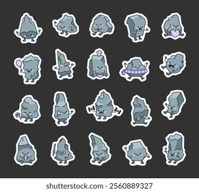 Set of stone characters with funny emotions and cute kawaii expressions in various poses holding accessories and showing friendly reactions for cheerful design and joyful creativity