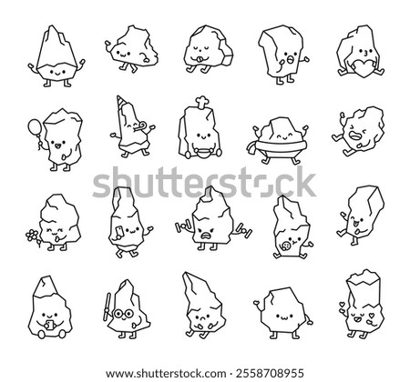 Set of stone characters with funny emotions and cute kawaii expressions in various poses holding accessories and showing friendly reactions for cheerful design and joyful creativity