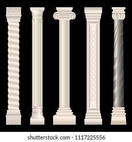 set of stone columns in different styles isolated on dark background. Columns in antique style, Baroque, stucco, marble, realistic vector illustration