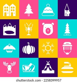 Set Stone for curling, Hockey helmet, Canadian spruce, Beanie hat, Lobster, lake, House and Bear head icon. Vector