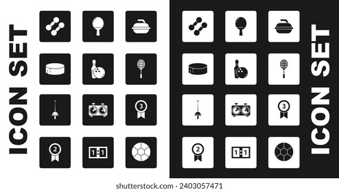 Set Stone for curling sport game, Bowling pin and ball, Hockey puck, Dumbbell, Tennis racket, Racket playing table tennis, Medal and Fencing icon. Vector