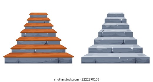 Set Stone fairy stairs and stairway with wooden decor, medieval ancient architecture in cartoon style isolated on white background with cracks, broken elements. Game asset,design element