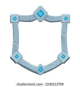 Set stone frame with border and gemstones, shield shape, empty medieval menu panel in cartoon style isolated on white background.