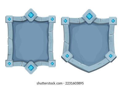 Set stone frame with border and gemstones, shield shape, empty medieval menu panel in cartoon style isolated on white background.