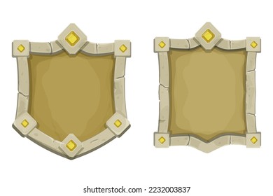 Set stone frame with border and gemstones, shield shape, empty medieval menu panel in cartoon style isolated on white background.