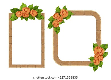 Set Stone Frame with floral elegant decoration, flowers and leaves in cartoon style, border isolated on white background. 