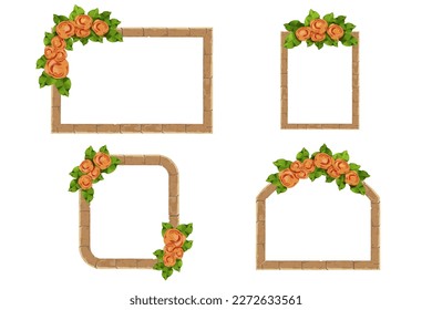 Marco de piedra con decoración floral y elegante, flores y hojas al estilo de las caricaturas, borde aislado sobre fondo blanco. 