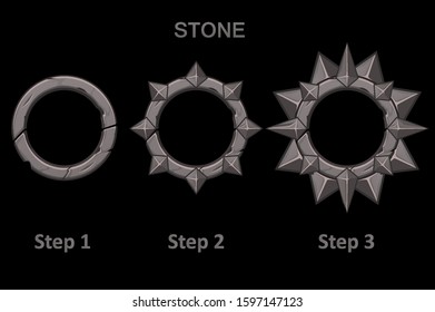 Set of stone frames app with spikes in 3 steps to progress. Round frames in the drawing step by step.