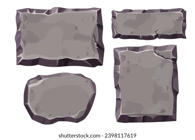 Establece paneles de menú de juegos de piedra, plantilla de interfaz de marcos ui texturizada en estilo de dibujos animados cómicos aislados en fondo blanco.