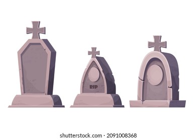 Set stone grave, memorial in cartoon style isolated on white background. Funeral, cemetery object. Afterlife monument.