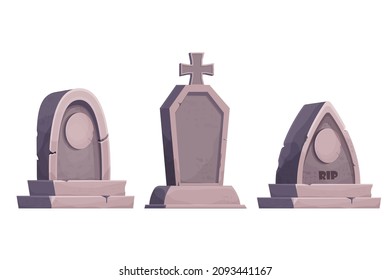 Set stone grave, memorial in cartoon style isolated on white background. Funeral, cemetery object. Afterlife monument.