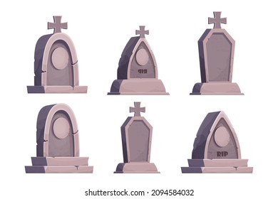 Set stone grave, memorial in cartoon style isolated on white background. Funeral, cemetery object. Afterlife monument. svg