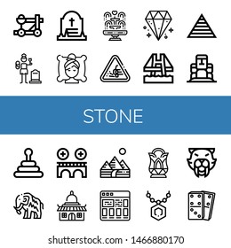 Set of stone icons such as Catapult, Widow, Grave, Spa, Fountain, Loose gravel, Diamond, Bridge, Pyramid, Moai, Mammoth, Temple, Pyramids, Tiles, Crystal, Pendant, Saber toothed tiger , stone