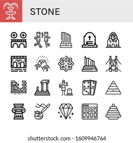 Set of stone icons. Such as Fountain, Bridge, Mosh, Column, Grave, Great sphinx of giza, Lava, Rune, Brick, Parthenon, Widow, Dominoes, Pyramid, Incense, Diamond , stone icons