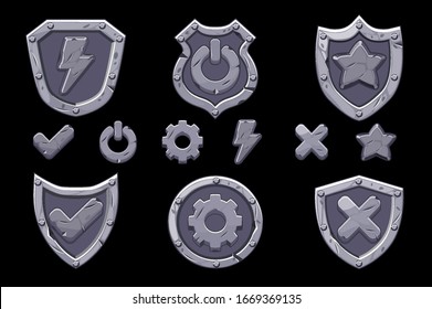 Set of stone menu shields icons for the game. Isolated icons of options, settings, energy for the interface.