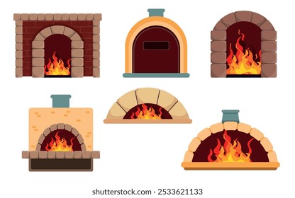 Conjunto de hornos de piedra en estilo de dibujos animados. Ilustración vectorial de estufas de diferentes Formas y tamaños, chimeneas con fuego aisladas sobre fondo blanco. Equipamiento térmico para calefacción y cocina.