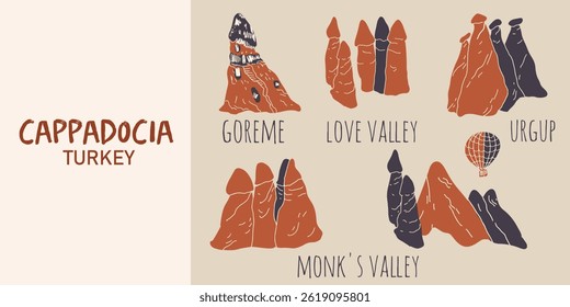 Set of stone pillars in the Cappadocia, liner hand drawn vector illustration.