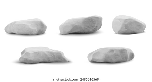 Set of stone platforms. Vector 3D podiums in various sizes, ideal for displaying products. Realistic texture of gray stone on isolated white background.