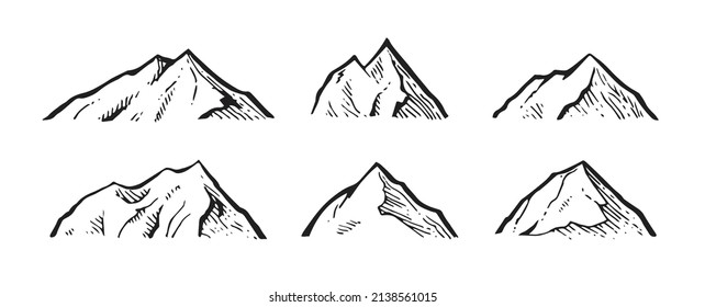 Set of stone rock from afar. A piece of cliff. In the style of contour engraving. Outline sketch. Hand drawing is isolated on a white background. Vector.