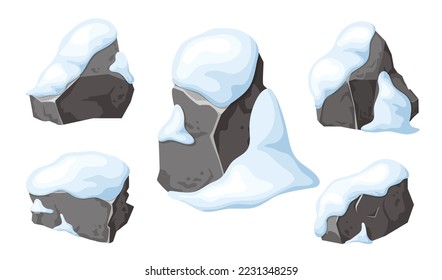 Set of stone and rock in snow. Elements for ui design game. Snowy mountains in cartoon, heap of boulders in winter. Boulders and building material. Ice age in vector illustration