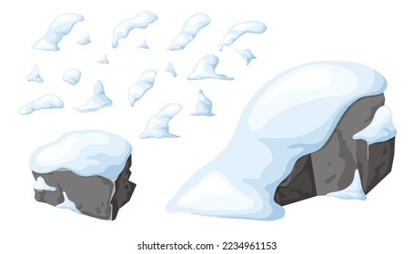 Set of stone and rock in snow. Elements for ui design game. Snowy mountains in cartoon, heap of boulders in winter. Boulders and building material. Ice age in vector illustration.