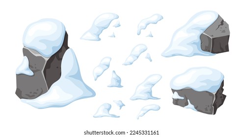 Set of stone and rock in snow. Elements for ui design game. Snowy mountains in cartoon, heap of boulders in winter. Boulders and building material. Ice age in vector illustration.