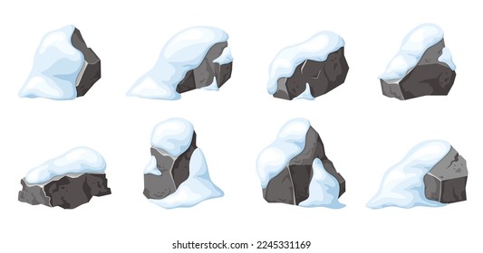 Set of stone and rock in snow. Snowy mountains in cartoon, heap of boulders in winter. Boulders and building material. Ice age in vector illustration.