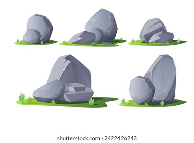 Set of stone rocks heap on the lawn. Cartoon cobblestones, debris of the mountain. Granite stones blocks, grey boulders for gui video game asset. Vector illustrations of wild nature object isolated
