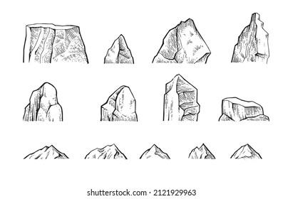 Set of stone rocks. Piece of cliff. In style of contour engraving. Outline sketch. Hand drawing is isolated on white background. Vector.