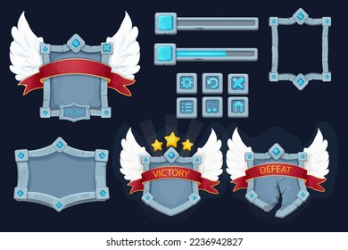 Set stone shield, frame with gemstones, award ribbon, wings game victory board menu and setting icons in cartoon style isolated on background. Magic royal asset, template.