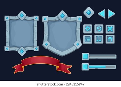 Set stone shield, frame with gemstones, award ribbon game victory board menu and setting icons in cartoon style isolated on background. Magic royal asset, template.