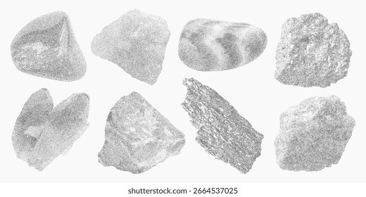 Set of stone slice drawings in graphic style. Classic stipple fill, rough halftone screen, high-contrast print texture and dusty retro finish.