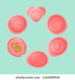 Set Stone slice trendy colar orange color. Vector illustration frame isolated on mint background.