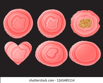 Set Stone slice trendy colar orange color. Round, oval, heart shape. Vector illustration frame isolated on black background.