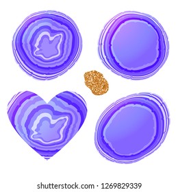 Set Stone slice trendy colar purple color. Round, oval, heart shape. Vector illustration frame isolated on white background.
