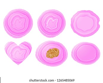 Set Stone slice trendy lilac color. Round, oval, heart shape. Vector illustration frame isolated on white background.