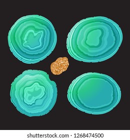Set Stone slice trendy sea green color. Round, oval, heart shape. Vector illustration frame isolated on black background.