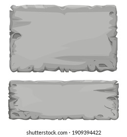 Set Of Stone Tablet, Rock Banner With Cracked Elements In Cartoon Style Isolated On White Background. Grey Frame, Block Boulder For Interface Ui Games.