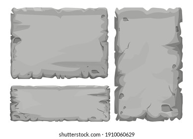 Set of Stone tablet, rock banner with cracked elements in cartoon style isolated on white background. Grey frame, block boulder for interface ui games.