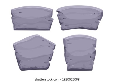 Comprimido de piedra, pancarta rocosa con elementos rotos al estilo de las caricaturas aislados en fondo blanco. Marco gris, rollo de bloque para los juegos de interfaz ui.