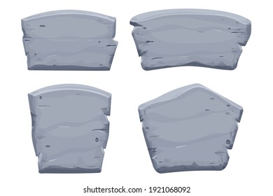 Set of Stone tablet, rock banner with cracked elements in cartoon style isolated on white background. Grey frame, block boulder for interface ui games.