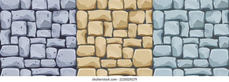 Set stone wall from bricks, rock, game background in cartoon style, seamless textured surface. Collection Ui game asset, road or floor material