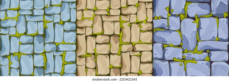 Set Stone wall, pavement from bricks, rocks with moss , game background in cartoon style, seamless textured surface. Ui game asset, road or floor material