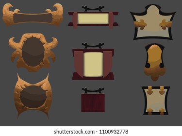 Set with stone and wooden frames on grey background. Beige rock frame with horns. Red frame in asian style. Brown frames with golden preaks in medieval style. Hand-drawn icons for text or banner.
