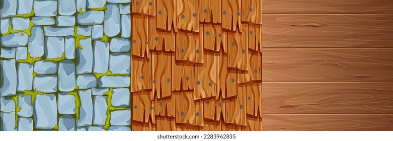 Set stone and wooden materials, textured surface wood comic background in cartoon style. Wall, panel for game, ui design