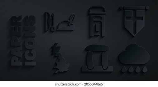 Set Stonehenge, England Flag Pennant, Map, Cloud With Rain, London Phone Booth And Robin Hood Hat Icon. Vector