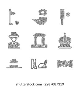 Set Stonehenge, Robin hood hat, Bow tie, British crown, Elegant women, Queen Elizabeth, Wood cricket bat and ball and Golf flag icon. Vector